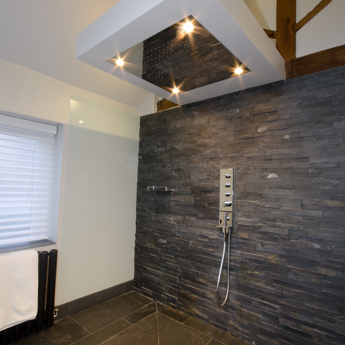 Contemporary interior design for bathroom shower unit with free hanging ceiling shower head.